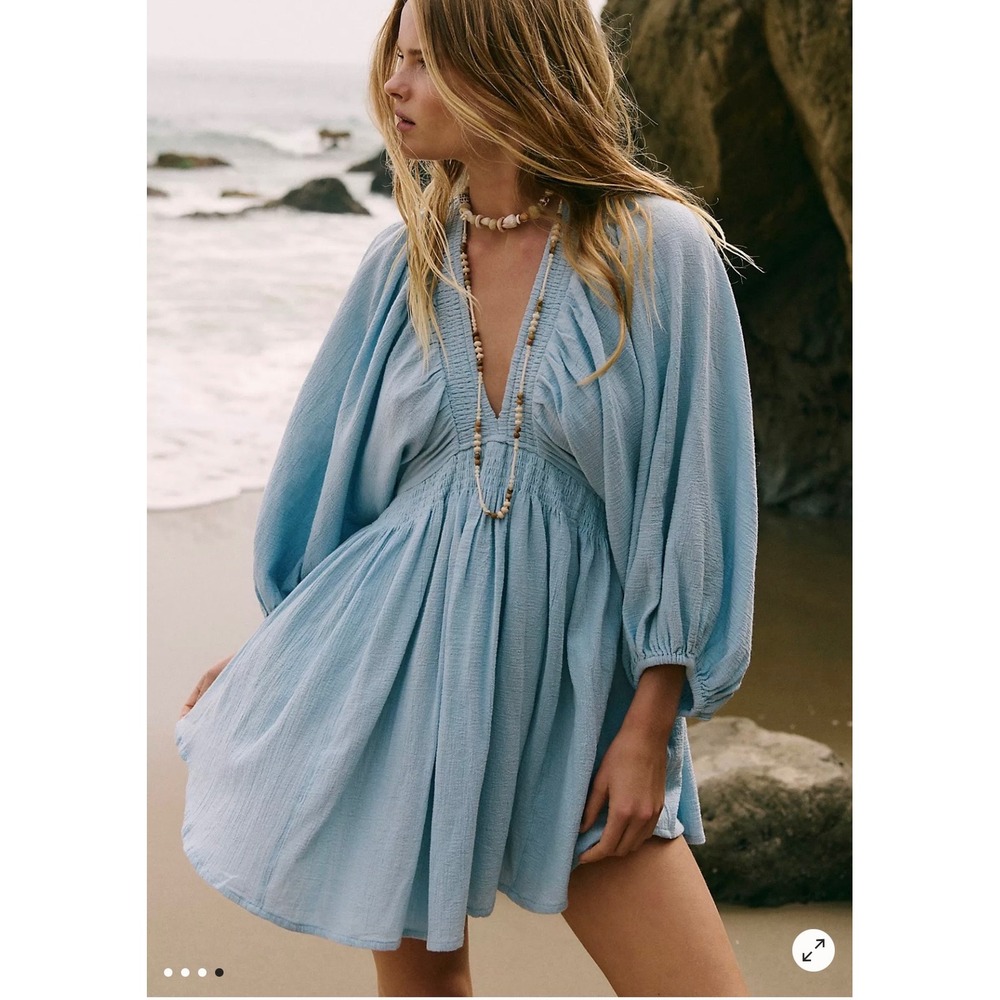 Free People 100 Degree Mini Dress Mocha Brown Smocked V-Neck Gauze Boho Large - Picture 5 of 11